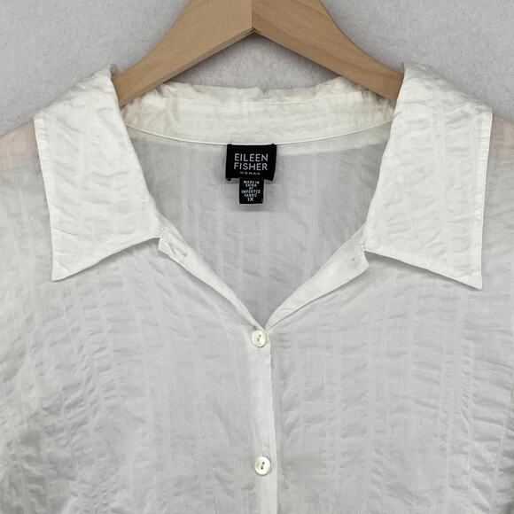 EILEEN FISHER Shirt 1X Plus Seersucker Cotton Button Front Long Sleeve White - Picture 3 of 13